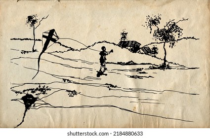 Vintage retro hand drawn vector nature illustration children playing a kite on main view. Using for travel and nature background, children book, drawing book cover and card