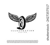 Vintage retro hand drawn winged wheel racing club logo design badge
