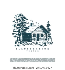 Vintage retro hand drawn wooden house in the forest logo design badge vector art illustration