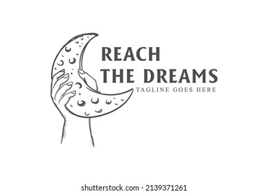 Vintage Retro Hand Hold Crescent Moon for Reach Dream Shirt Logo Design Vector