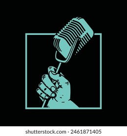 Vintage Retro Hand Hold Mic Microphone for Music Podcast Recording Studio Illustration