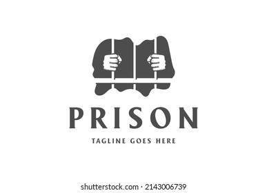 Vintage Retro Hand Hold Prison Jail Penitentiary Gaol Bars Logo Design Vector