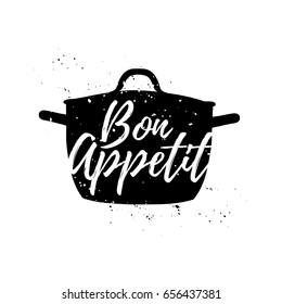 Vintage Retro Handmade Badges, Labels And Poster Element, Retro Symbols For Kitchenware Shop, Cooking Club, Cafe Or Home Cooking. Template Logo With Silhouette Of A Pot. Bon Appetit Graphic. Vector