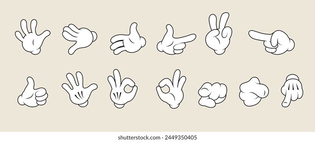 Vintage retro hands in gloves. Comic retro hands in different poses. Isolated mascot character elements of 1920 to 1950s