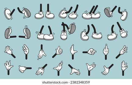 Vintage retro hands in gloves and feet in shoes. Comic retro feet and hands in different poses. Isolated mascot character elements of 1920 to 1950s.