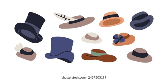 Conjunto de sombreros retro vintage. Vieja moda, ropa de cabeza victoriana, accesorios de gorra. Sombreros de los siglos XVIII y XIX, tocados de hombres y mujeres. Ilustraciones vectoriales gráficas planas aisladas sobre fondo blanco