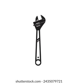 Vintage retro hipster adjustable wrench. Traditional silhouette icon workshop tools on white background
