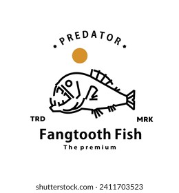 vintage retro hipster fangtooth fish logo vector outline monoline art icon