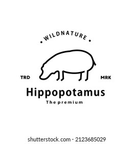 vintage retro hipster hippopotamus logo vector outline monoline art icon