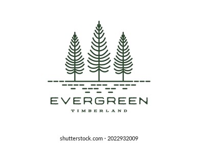 Vintage Retro Hipster Line Art Pine Evergreen Fir Hemlock Spruce Conifer Cedar Coniferous Cypress Larch Trees Forest Logo Design Vector