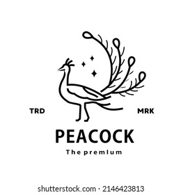 vintage retro hipster peacock logo vector outline monoline art icon