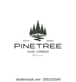 vintage retro hipster pine tree and river or creek evergreen timberland logo design vector