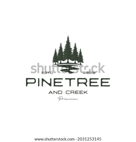 vintage retro hipster pine tree and river or creek evergreen timberland logo design vector