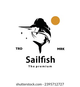 vintage retro hipster sailfish logo vector outline silhouette art icon