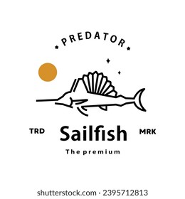 vintage retro hipster sailfish logo vector outline monoline art icon