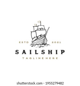 Vintage Retro Hipster Sailing Ship Logo Design