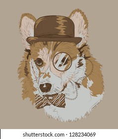 Vintage retro hipster style drawing of funny corgi dog with bowler hat monocle and bowtie.