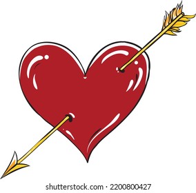 Vintage Retro Hipster Tattoo Style Red Heart Pierced with Golden Arrow Vector Digital Art Print Design.