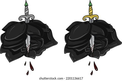 Vintage Retro Hipster Tattoo Style Black Roses Pierced by Daggers Vector Digital Art Print Design.