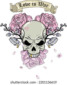 Vintage Retro Hipster Tattoo Style T-Shirt Skull with Flowers and Scroll Vector Digital Art Print Design.