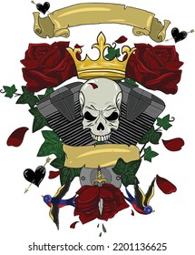Vintage Retro Hipster Tattoo Style T-Shirt Skull with Twin Turbo, Poison Ivy, Roses, Swallows, Golden Crown and Black Hearts Vector Digital Art Print Design.
