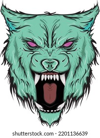 Vintage Retro Hipster Tattoo Style Wolf Monster Head with Open Mouth Vector Digital Art Print Design.
