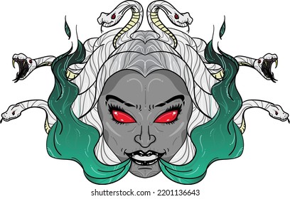 Vintage Retro Hipster Tattoo Style Medusa Gorgona Head with Neon Fumes and Albino Snakes Vector Digital Art Print Design.