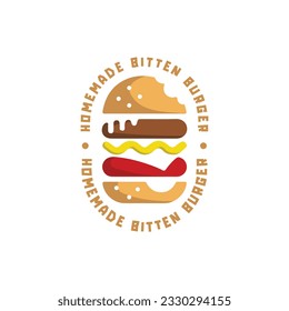 Vintage retro homemade bitten burger logo design badge for restaurant or cafe logo