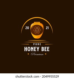 Vintage Retro Honey Bee, Honeycomb, Hive Logo Design. With bottle icon. Premium, and luxury farm logo template