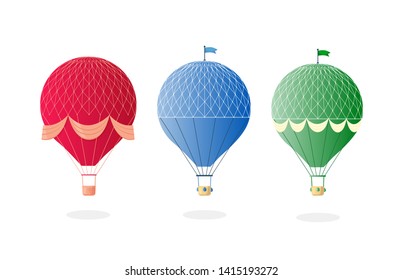 Vintage retro hot air balloon with basket in sky isolated on background. Vector cartoon design