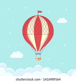 Vintage retro hot air balloon with basket in sky isolated on background. Vector cartoon design