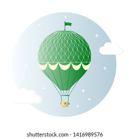 Vintage retro hot air balloon with basket in sky isolated on background. Vector cartoon design