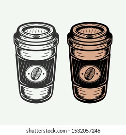 Vintage retro hot coffee cup take away. Can be used for logo, emblem or badge. Monochrome Graphic Art. Vector Illustration.