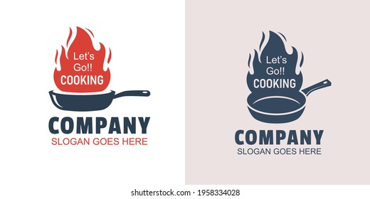 Vintage retro hot cook logos of rustic old skillet cast iron with fire for traditional food restaurant kitchen logo design