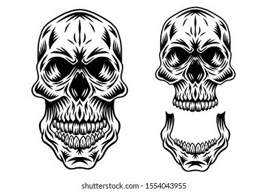 Vintage retro human skull and jaw isolated vector illustration on a white background. Design element for logo, badge, tattoo, banner, poster.
