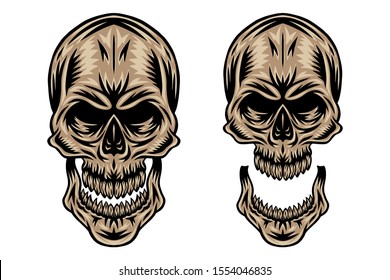 Vintage retro human skull and jaw isolated vector illustration on a white background. Design element for logo, badge, tattoo, banner, poster.
