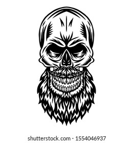 Vintage retro human skull with mustache beard isolated vector illustration on a white background. Design element for logo, badge, tattoo, banner, poster.