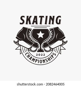 Vintage-Retro-Eislauflogo, Logo für das Skating, Vektordesign mit Schuhen und Sternbecher auf weißem Hintergrund