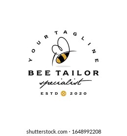 Vintage retro illustration bee sting and tailor emblem label logo Premium Vector