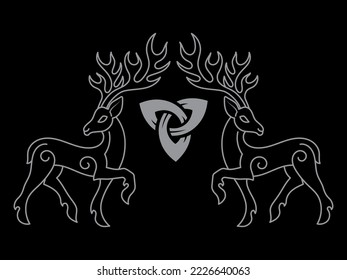 Vintage retro illustration. Deer drawn in the ancient Celtic Scandinavian style, isolated on black, vector illustration