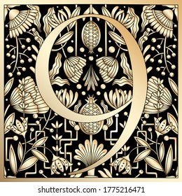 Vintage retro illustration in an engraving great gatsby style of the number nine, flowers, branches and leaves. Art Nouveau and art Deco style. Symmetrical image with gold colors