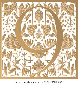 Vintage retro illustration in an engraving great gatsby style of the number nine, flowers, branches and leaves. Art Nouveau and art Deco style. Symmetrical image with gold colors