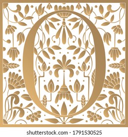 Vintage retro illustration in an engraving great gatsby style of the number zero, flowers, branches and leaves. Art Nouveau and art Deco style. Symmetrical image with gold colors