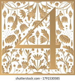 Vintage retro illustration in an engraving great gatsby style of the number four, flowers, branches and leaves. Art Nouveau and art Deco style. Symmetrical image with gold colors