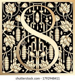 Vintage retro illustration in an engraving great gatsby style of the number eight, flowers, branches and leaves. Art Nouveau and art Deco style. Symmetrical image with gold colors