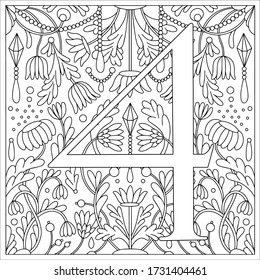 Vintage retro illustration in an engraving style of the number four, flowers, branches and leaves. Art Nouveau and art Deco style. Symmetrical image with a black and white outline contour