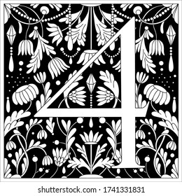 Vintage retro illustration in an engraving style of the number four, flowers, branches and leaves. Art Nouveau and art Deco style. Symmetrical image with a black and white outline contour