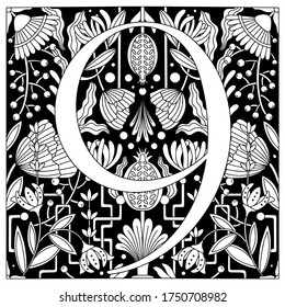 Vintage retro illustration in an engraving style of the number nine, flowers, branches and leaves. Art Nouveau and art Deco style. Symmetrical image with a black and white outline contour