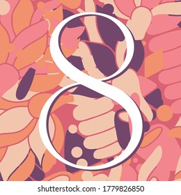 Vintage retro illustration in modern style of the number eight, flowers, branches and leaves. Art Nouveau and art Deco style. Image with purple, red, orange and beige colors