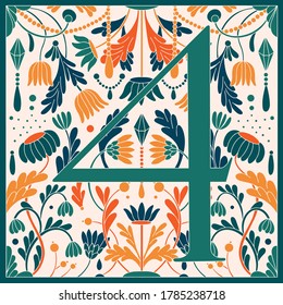 Vintage retro illustration in modern style of the number four, flowers, branches and leaves. Art Nouveau and art Deco style. Symmetrical image with blue, green, orange and pink colors